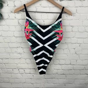 PINK Victoria's Secret  One Piece Swimsuit Black White Stripe Bird Of Paradise